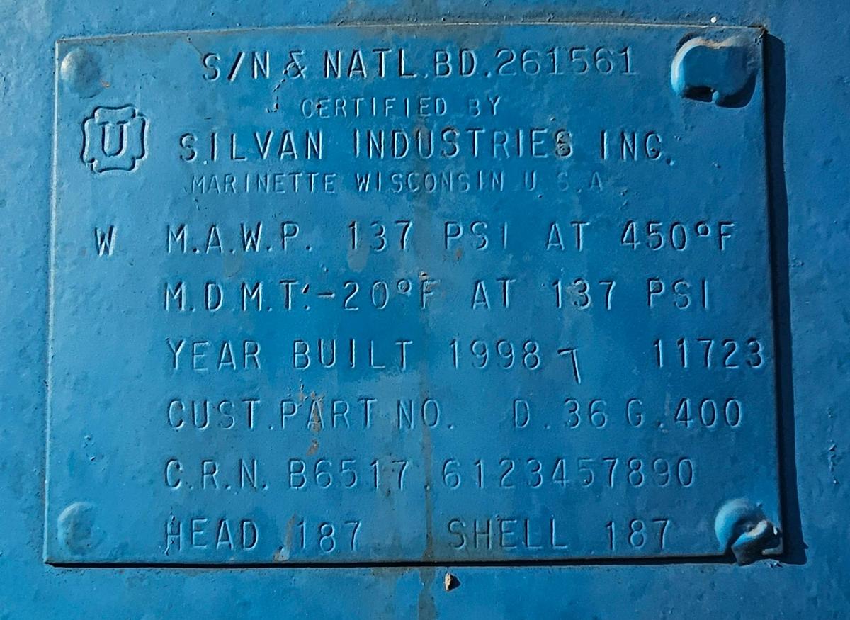 Used 1998 Silvan Industries 400 Gallon Vertical Compressed Air Receiver Tank 137 Psi @ 450*F