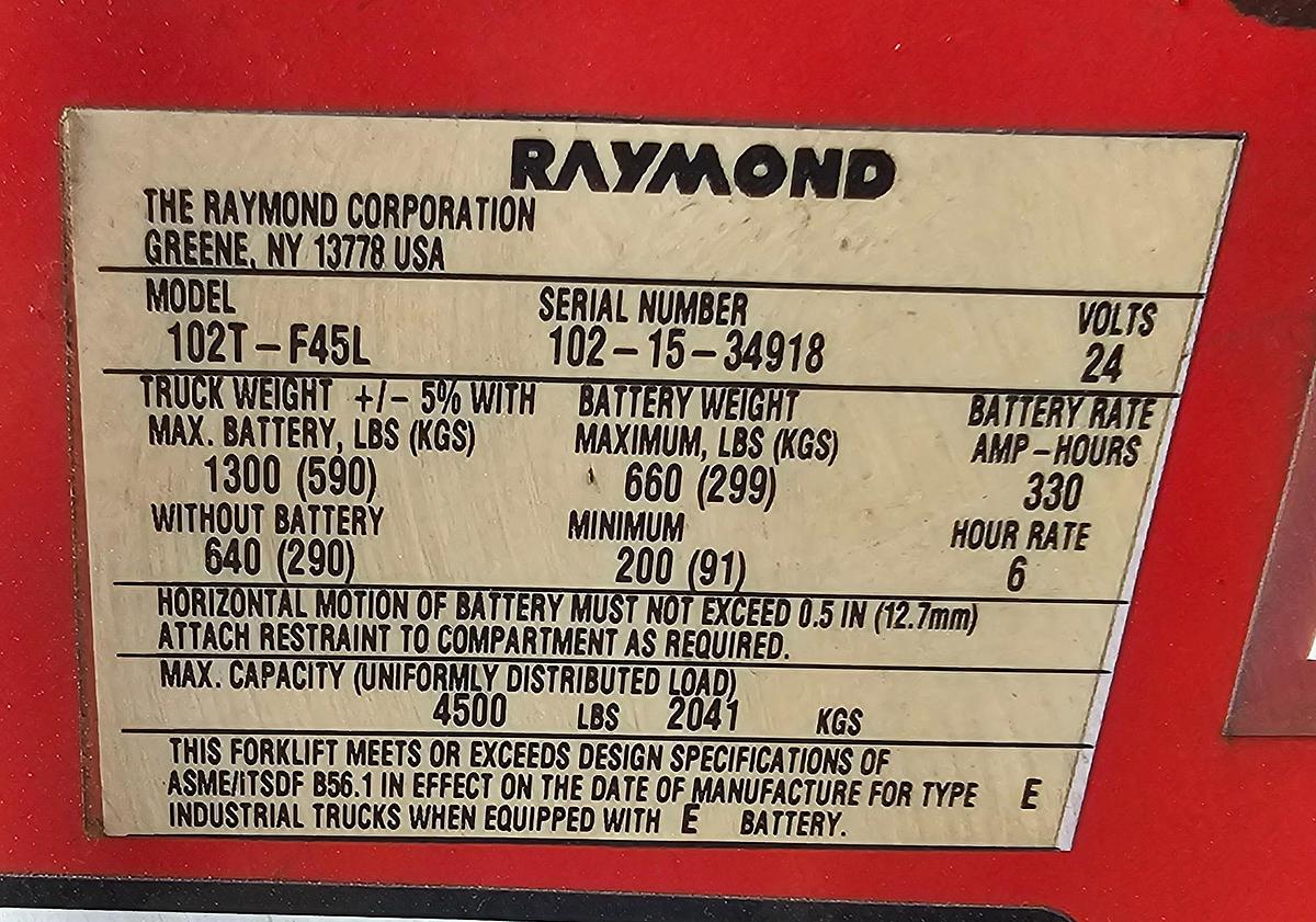 Used Raymond 102T-F45L 4,500 Lb. Electric Pallet Truck | 2015 | 908 Hrs | Onboard Charger