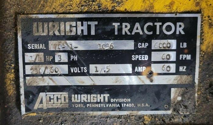 Used Acco Wright Way 6000 lb Tractor Trolley 230/460V 3 Ph Hoist 60 FPM Travel Speed