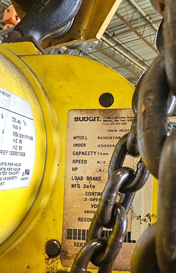 Used 1 Ton Budgit BEHC0108 Electric Chain Hoist, 8 FPM Pendant Control & Trolley 10' Lift