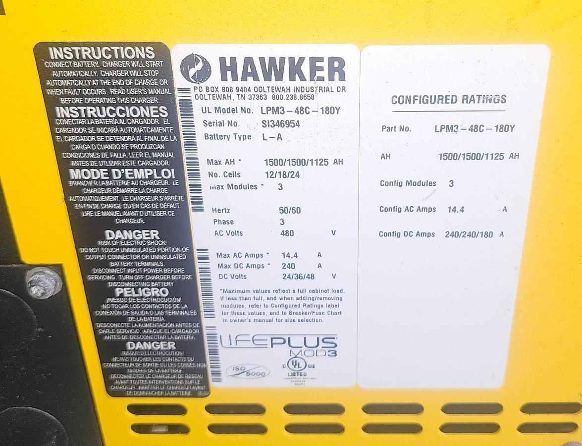 Used Hawker Multi-Volt LPM3-48C-180Y Lead Acid Forklift Battery Charger 24/36/48V on Cart 
