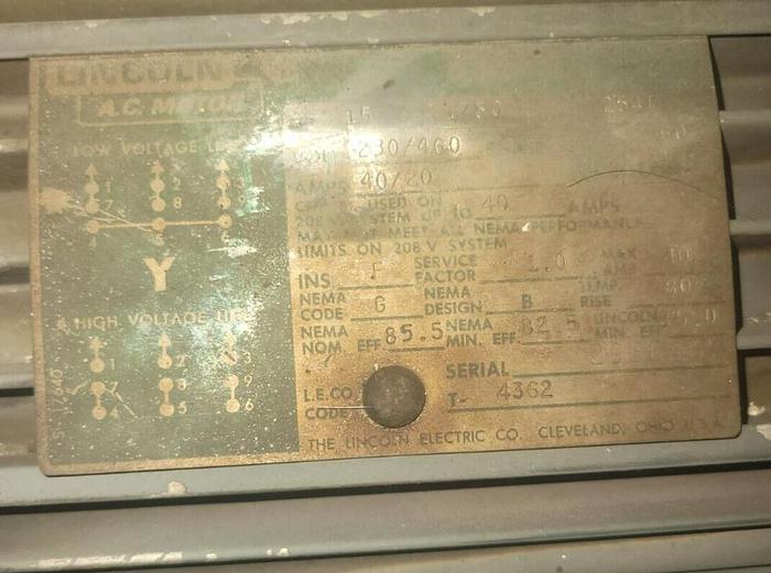 Used Lincoln 15 Hp AC Motor 1750 RPM 254T Frame w/Pulley 230/460V