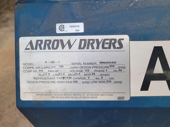 Used Arrow 125 SCFM Single Phase R134A Refrigerated Air Dryer F-125-1