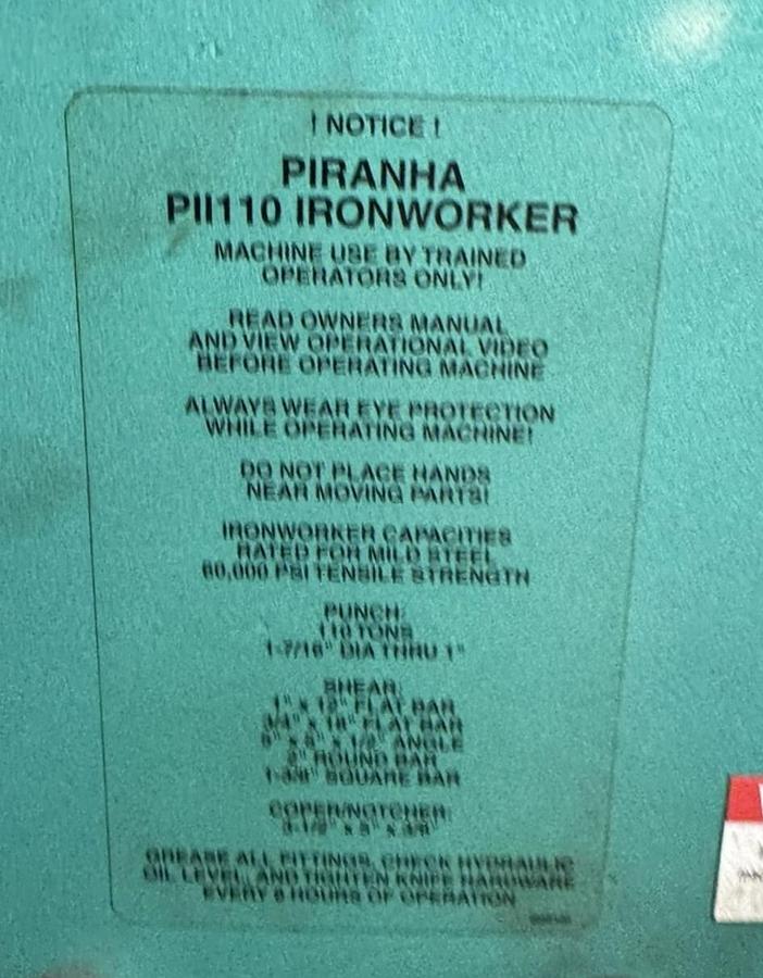 Used 110 Ton Capacity Piranha PII-110 Hydraulic Dual Operator Ironworker