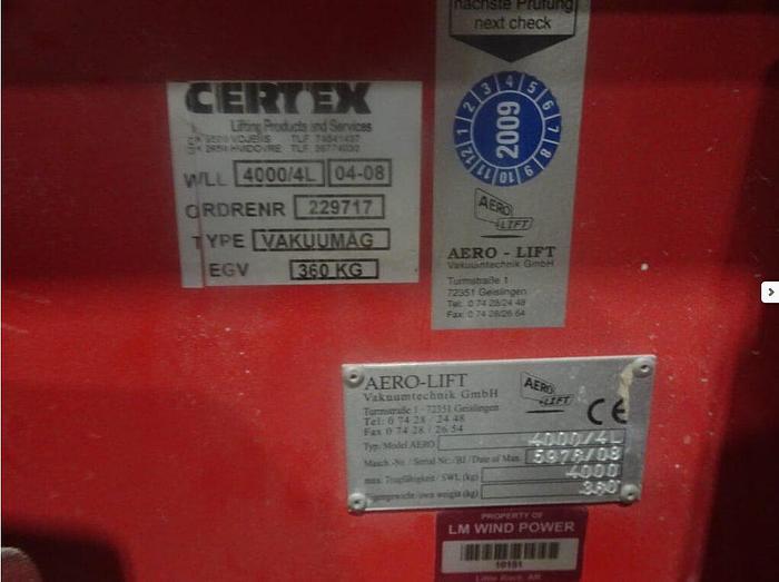 Used Certex/Aero-Lift 4000/4L Cup Vacuum Sheet Lifter w/4 Ton Capacity & 10 Ton Bar