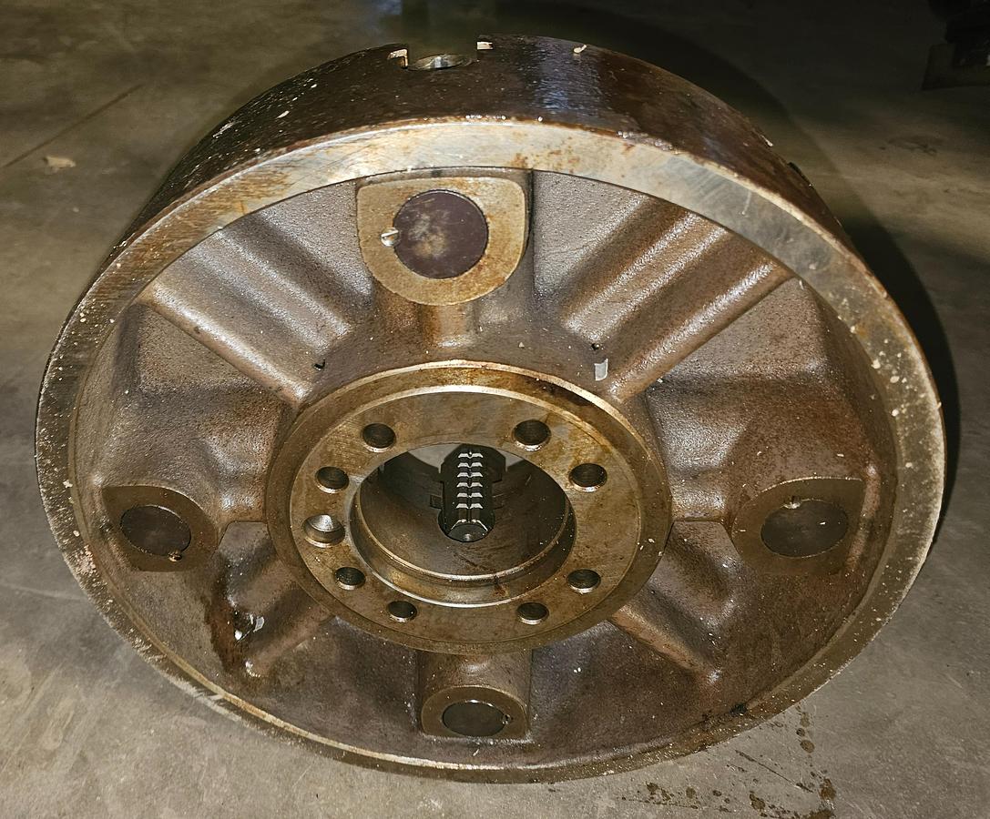 Used 16'' 4-JAW LATHE CHUCK w/CAM LOCK DESIGN, 4'' THRU-HOLE, 4" THICK, FLAT BACK MNT