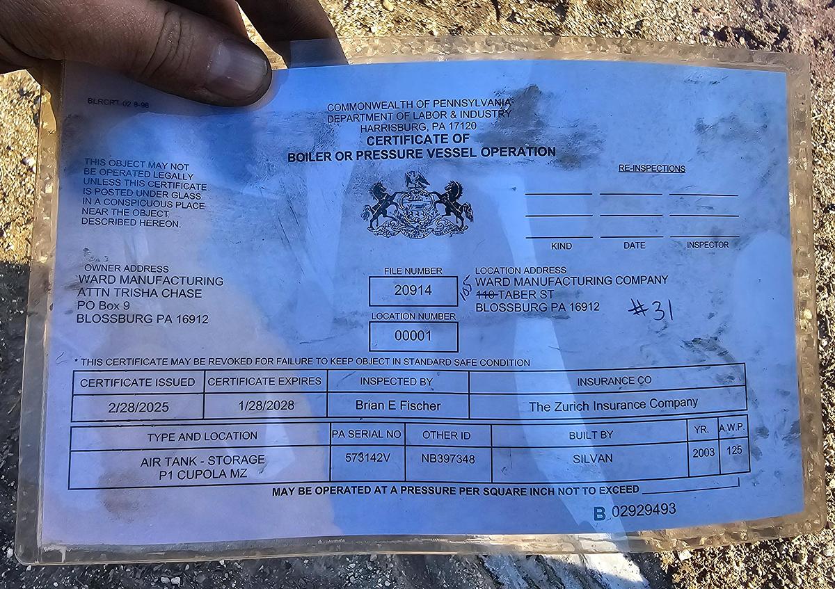 Used 2003 Silvan Industries 400 Gallon Compressed Vertical Air Receiver Tank 150 Psi @ 450*F