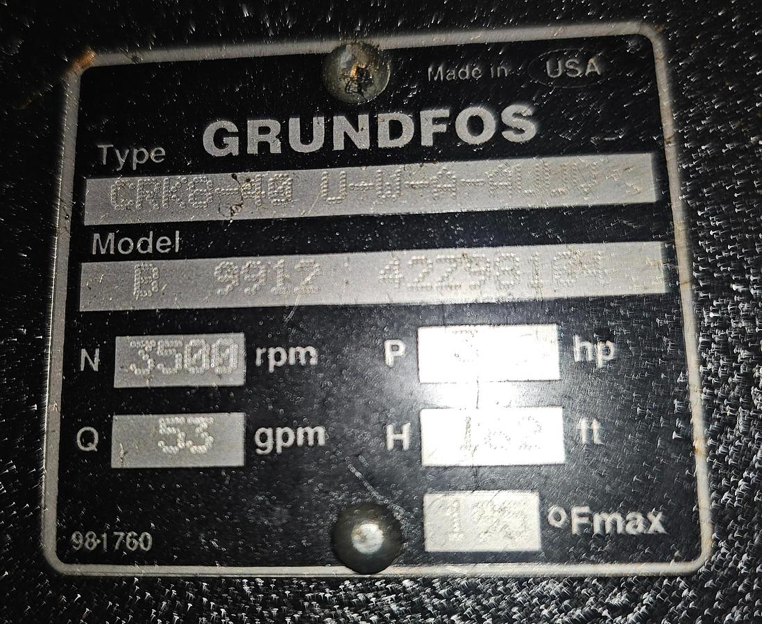 Used Grundfos CRK8-40 U-W-A-AUUV Pump 3 Hp Baldor Motor 53 GPM Flow Rate