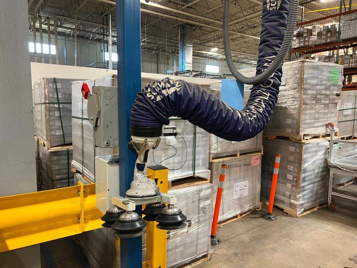 Used 250# Gorbel Twin Bridge Freestanding Crane 26' Span x 45' Runway w/ Schmalz 50 Kg Vacuum Lift Systems 