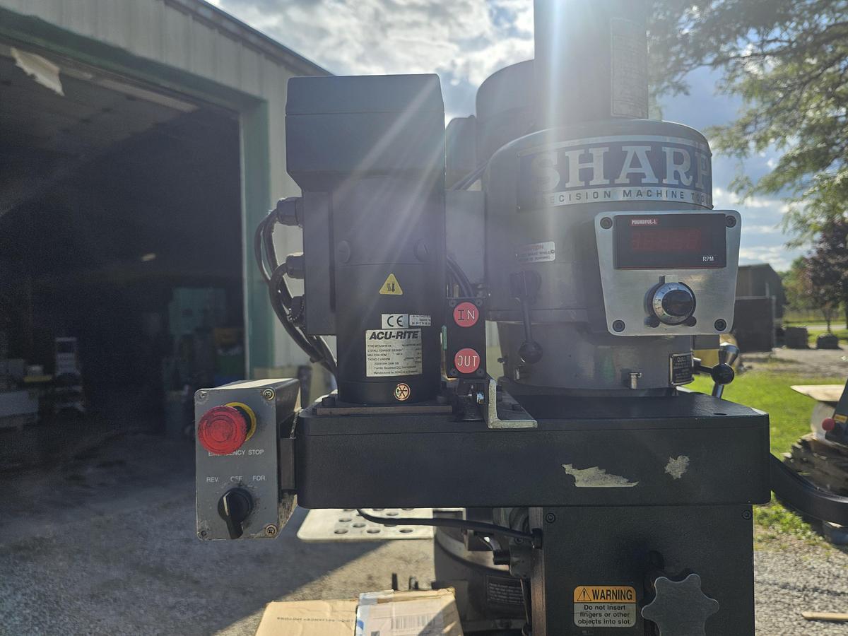 Used 3 Hp Sharp LMV-50/DVS CNC Vertical Knee Mill Acu-Rite CNC Control Collets & Vise