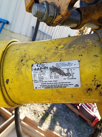 Used Budgit 2 Ton Electric Chain Hoist Mdl #BEH0216 16 FPM w/Manual Trolley & Pendant