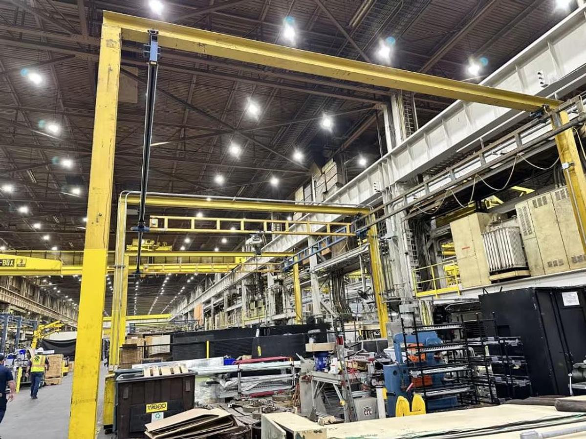 Used 1000# Gorbel 25' Span x 45' Free Standing Twin Bridge Crane System & 1/4 Ton Hoists