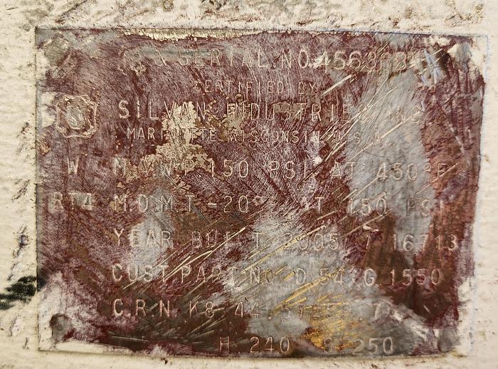 Used 2005 Silvan 1550 Gallon Vertical Air Tank 150 Psi @ 450*F Max Temp