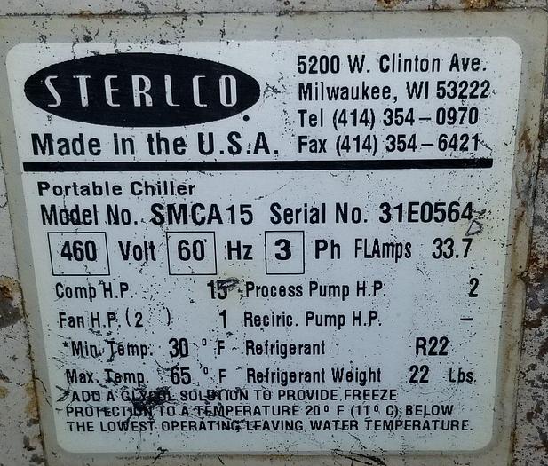 Used Sterlco 15 Ton Portable R-22 Air-Cooled Refrigerated Chiller #SMCA15