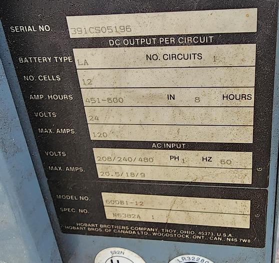 Used Hobart Accu-Charger 600B1-12 Industrial 24 Volt Battery Charger 