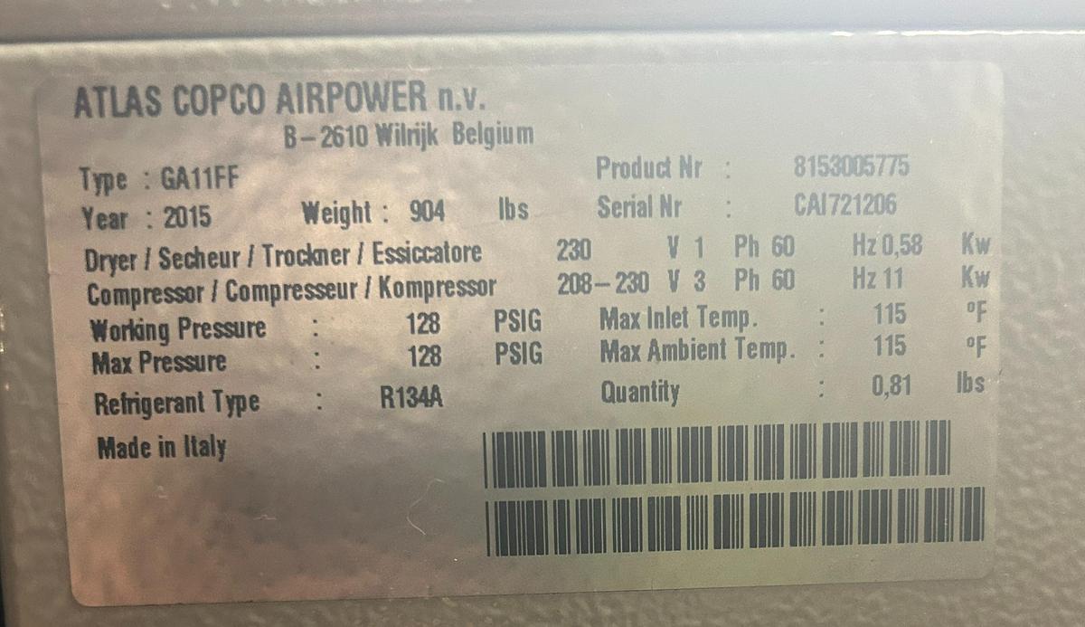 Used 2015 Atlas Copco GA11FF 15 Hp Rotary Screw Air Compressor - Only 3138 Hours!!