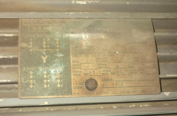 Used Lincoln 15 Hp AC Motor 1750 RPM 254T Frame w/Pulley 230/460V