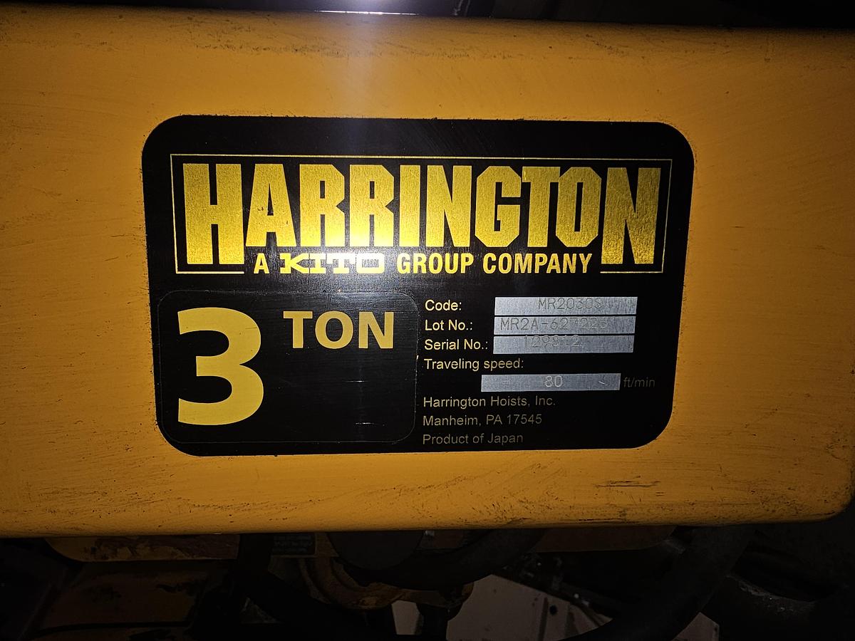 Used 3 Ton Harrington ER030C Electric Chain Hoist & Power Trolley MR2030S 