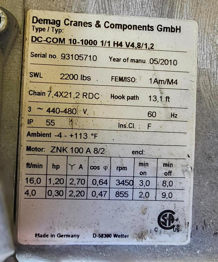 Used 1 Ton Gorbel Modular Workstation Bridge Crane 17' Span x 37' Runway & 1 Ton Demag Electric Chain Hoist