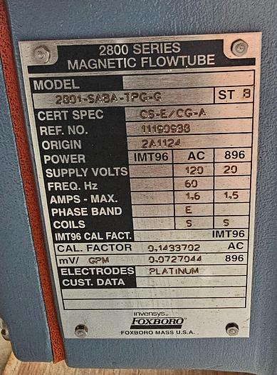 Foxboro 2800 Series 1" Magnetic Flow Tube 2801-SABA-TPG-G