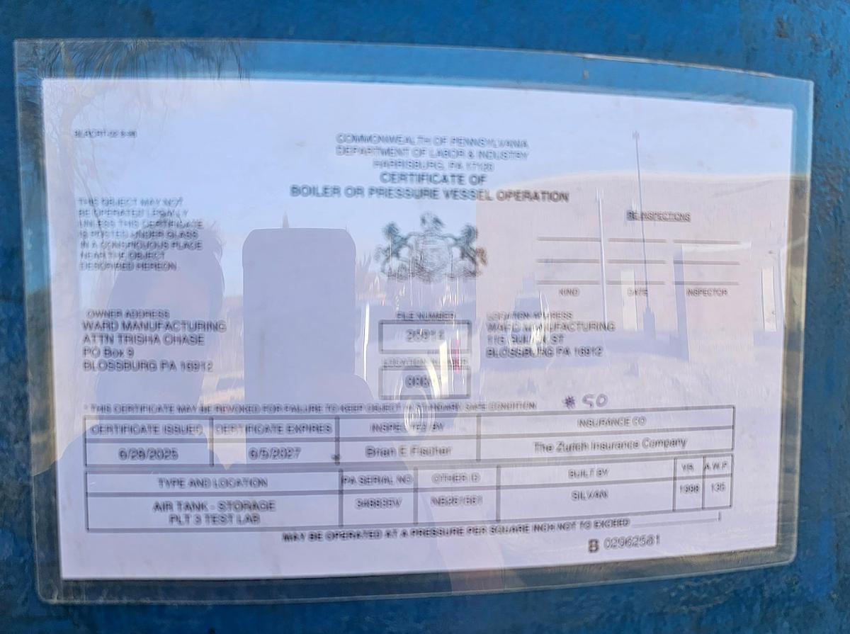 Used 1998 Silvan Industries 400 Gallon Vertical Compressed Air Receiver Tank 137 Psi @ 450*F