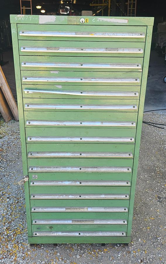 Used Vintage 15 Drawer Equipto Industrial Tooling Cabinet 28" x 28" x 60" Green