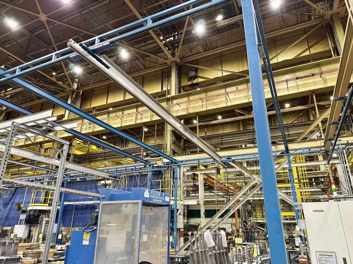 Used 500# Gorbel 32' Span x 23' Runway Freestanding Workstation Crane System & Coffing Hoist