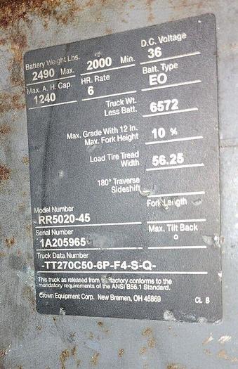 Used 270" Lift 4500# Crown RR5020-45 36V Electric Reach Truck 42'' Forks & Sideshift