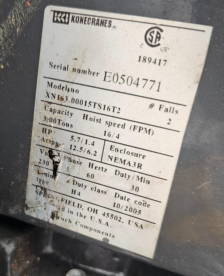 Used KoneCranes 3 Ton Electric Chain Hoist 16/4 FPM w/Pendant XN163.00015TS16T2
