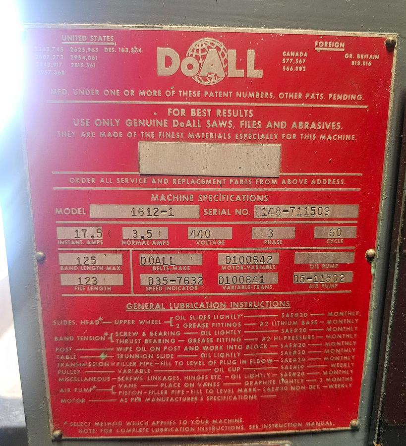 Used Doall 1612-1 Contourmatic 16" Vertical Bandsaw & DBW-15 Blade Welder, 24" x 24" Table 