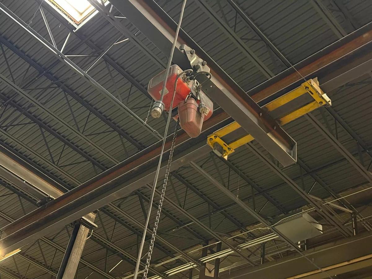 Used 2000# Shop Built 33' Span x 40' Runway Freestanding Bridge Crane & 1 Ton Hoist 