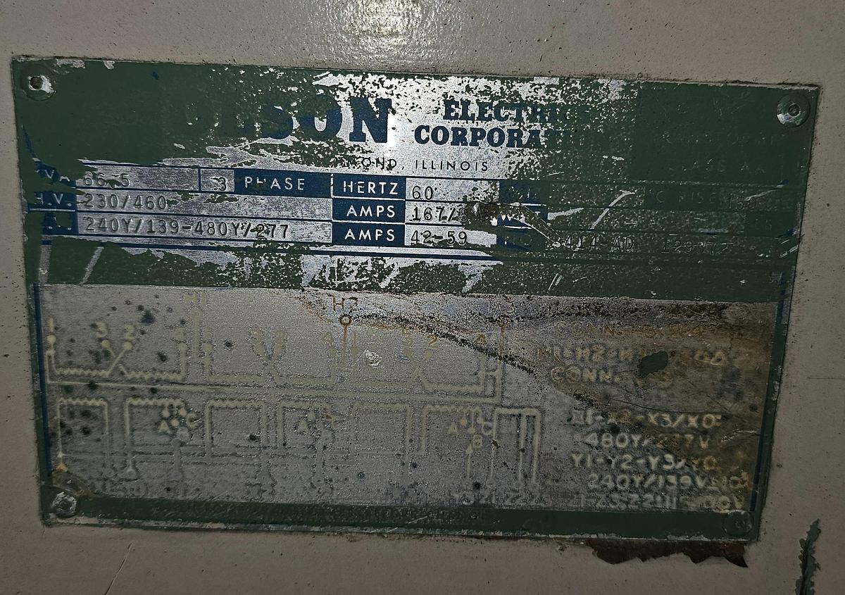 Used Olson 66.5 KVA 3 ph Electrical Transformer HV: 230/460 LV: 240Y/208 - 480Y/277