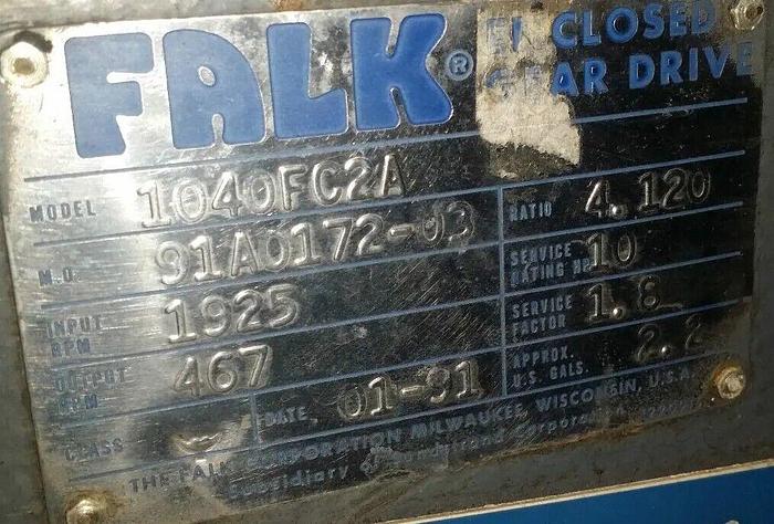 Used 10 Hp FALK Enclosed Gearbox Drive 4.12 Reduction Ratio #1040FC2A, 1925 RPM Input