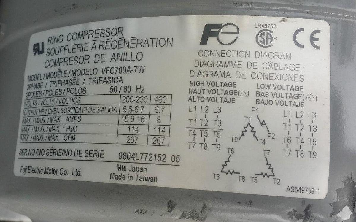 Used 6.7 HP. Fuji Electric Ring Compressor 267 CFM MDL#: VFC700A-7W
