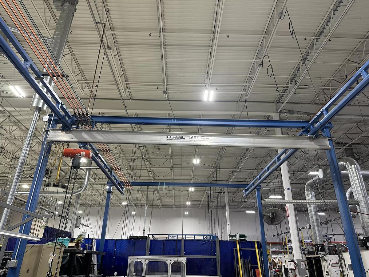 Used Gorbel 500 lb Freestanding Workstation Bridge Crane 18' Alum Bridge x 40' Runway w/ CM Hoist