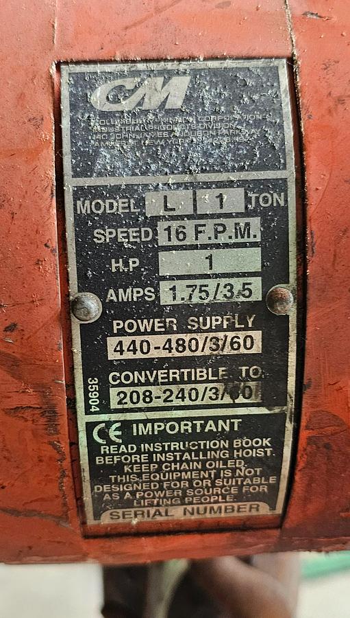 Used 1 Ton CM Lodestar Electric Chain Hoist Model L 15' Lift w/Pendant Control