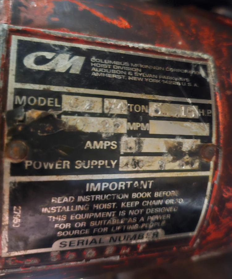 Used 1/4 Ton CM Lodestar C-2 Electric Chain Hoist, 10' Lift & Trolley 