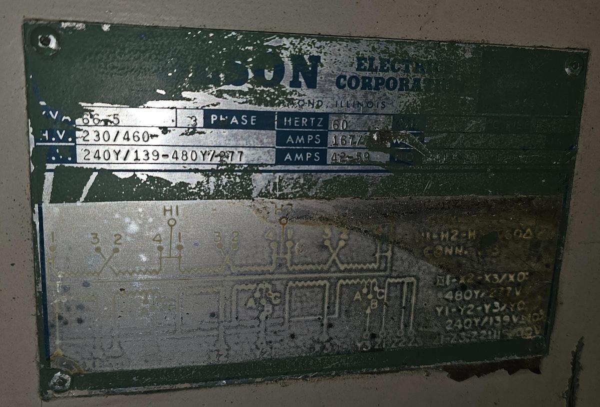 Used Olson 66.5 KVA 3 ph Electrical Transformer HV: 230/460 LV: 240Y/208 - 480Y/277