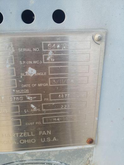 Used 18600-35000 CFM Hartzell 200 Hp Electric Paddle Whl Fan #054-50-AHZ346″ WC/SP