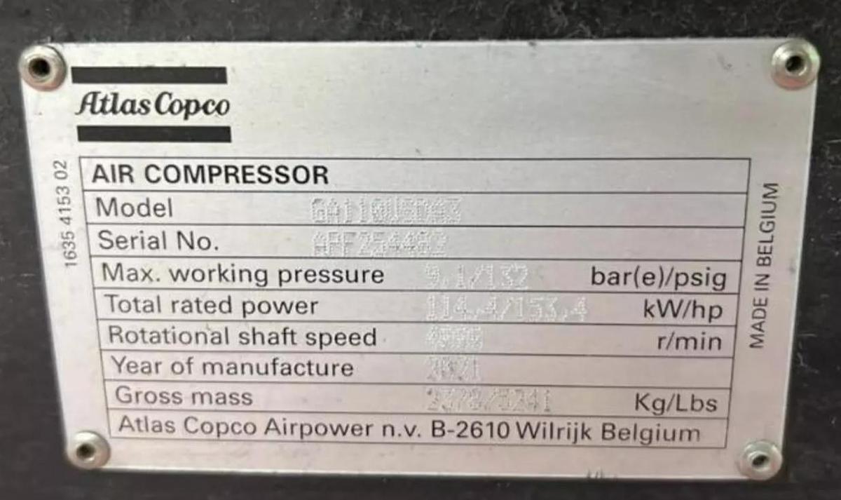 Used 2021 Atlas Copco GA110VSD+ | 150HP Rotary Screw Compressor | 110kW | 19k Hrs