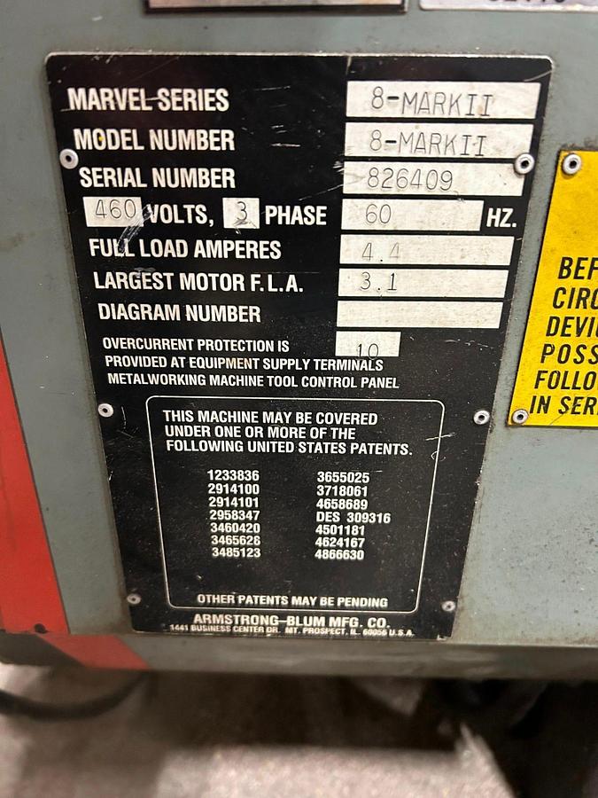 Used 1995 Marvel Series 8 Mark II Vertical Tilt Frame Bandsaw 18" x 22" Capacity