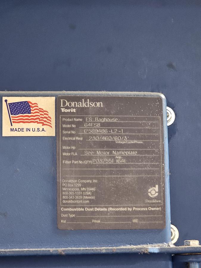 Used 2014 Donaldson Torit 64FS8 Baghouse & Model 30 Cyclone | 25 HP Blower | 10,000 CFM