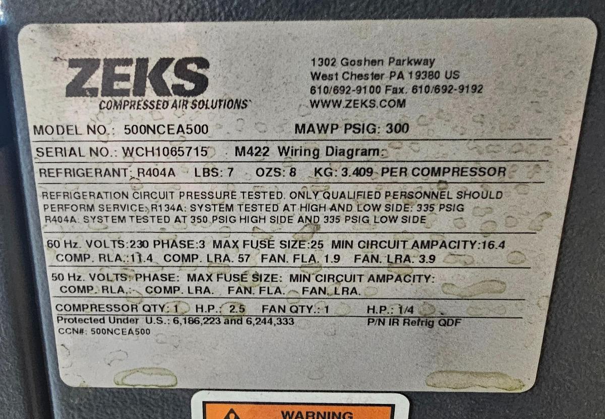 Used Zeks 500 SCFM Refrigerated Air Dryer | Model 500NCEA500 | 460V 3-Phase