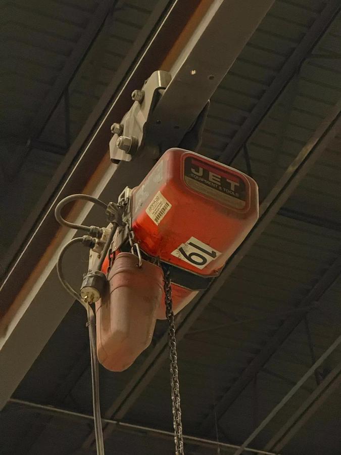 Used 2000# Shop Built 33' Span x 40' Runway Freestanding Bridge Crane & 1 Ton Hoist 