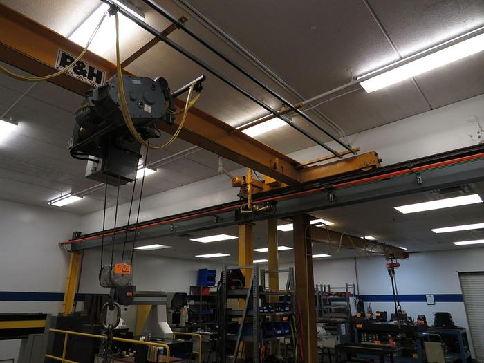 Used P&H 3.3 Ton 21′ Span Freestanding Overhead Bridge Crane 37′ Runway P&H Hoist