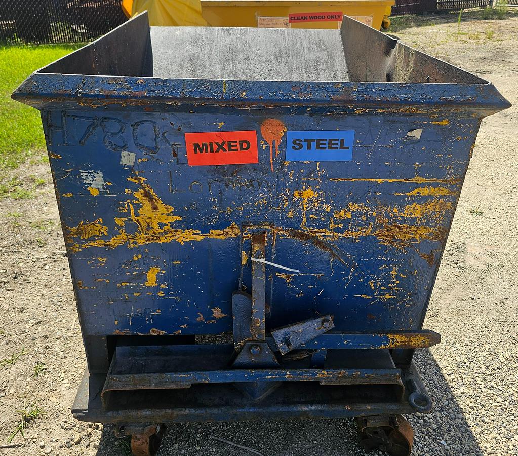 Used 1 Cu. Yard Roura Style Portable Self Dumping Trash Hopper, Castor Mounted 