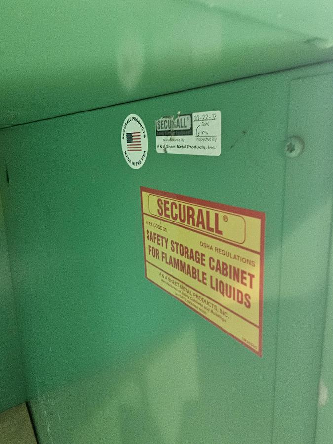 Used 48" x 30" x 44" Securall Sliding Door 55 Gallon Drum Flammable Safety Cabinet