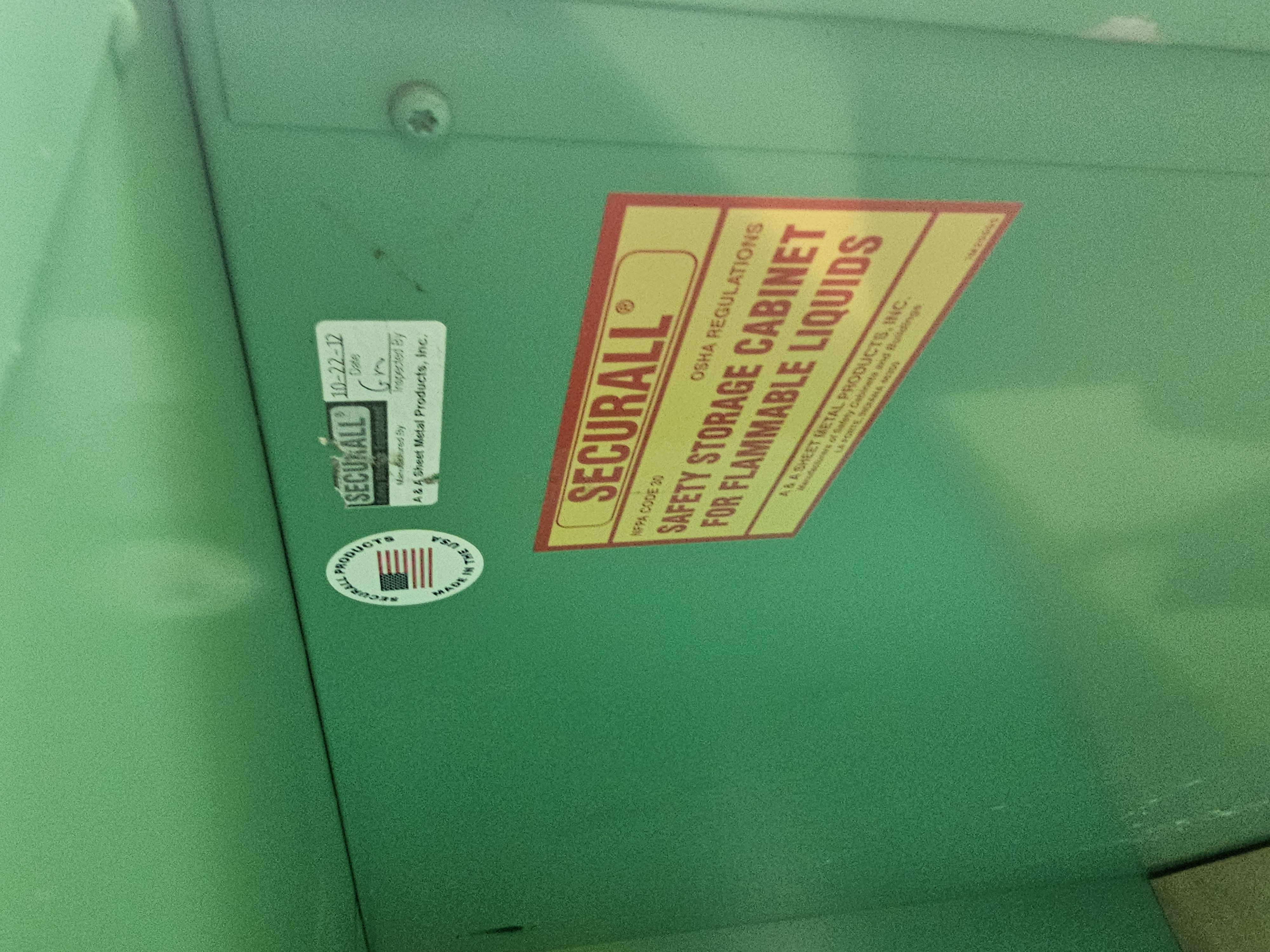 Used 48" x 30" x 44" Securall Sliding Door 55 Gallon Drum Flammable Safety Cabinet