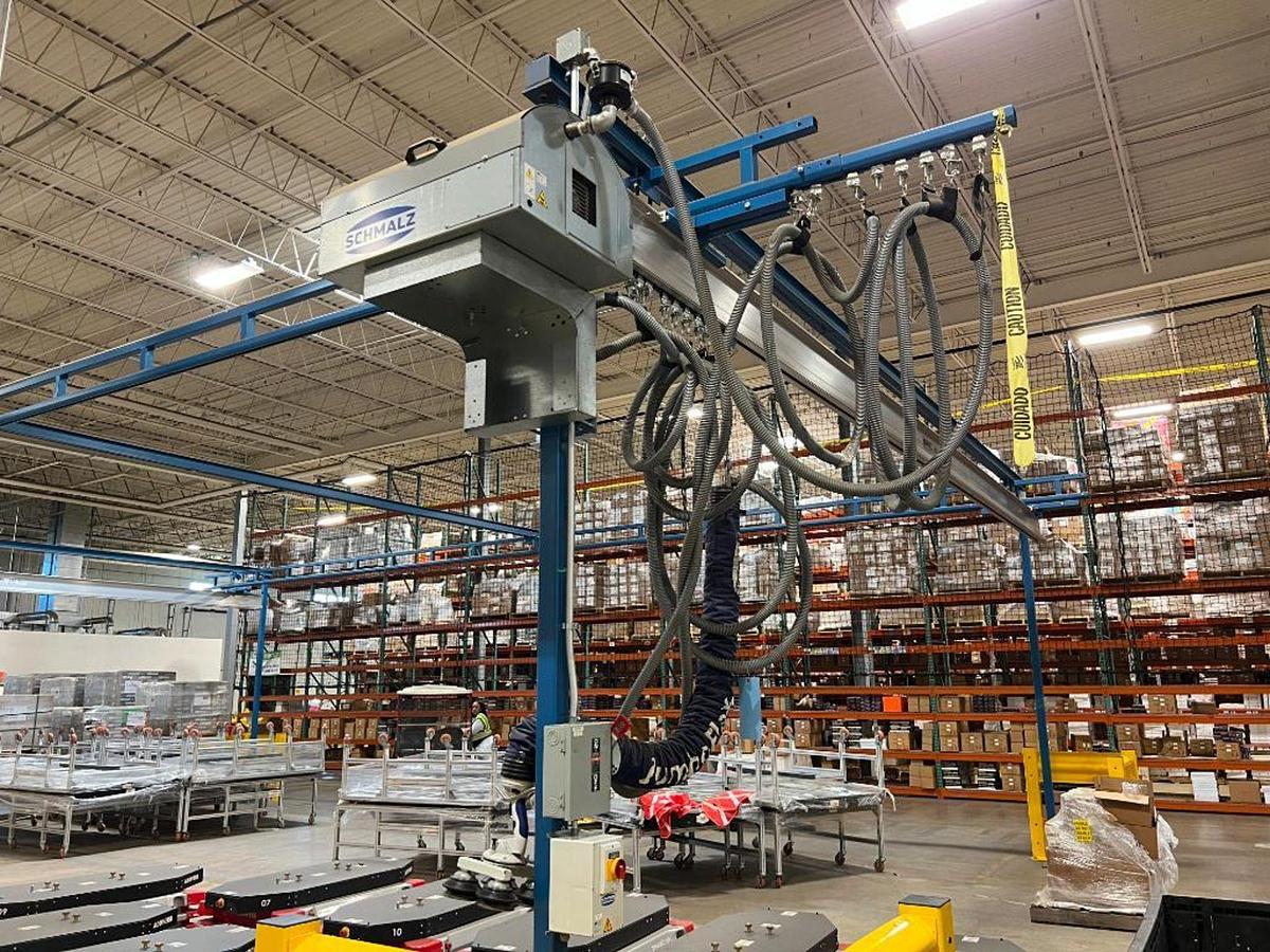 Used 250# Gorbel Twin Bridge Freestanding Crane 26' Span x 45' Runway w/ Schmalz 50 Kg Vacuum Lift Systems 