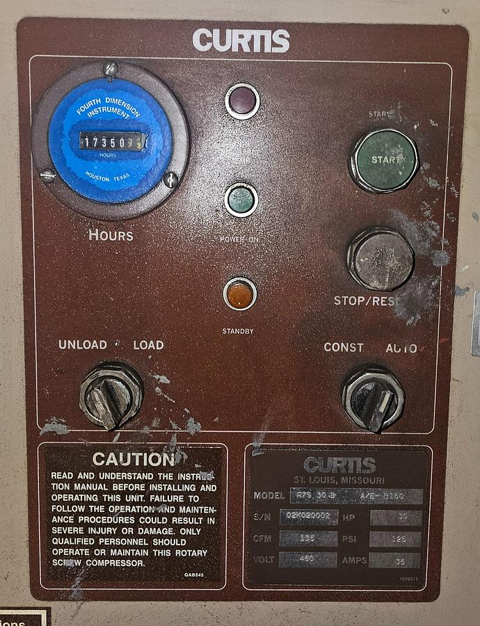 Used Curtis R/S 30 B Rotary Screw Air Compressor A/E-B160 & 120 Gallon Tank 135 CFM @ 125 PSI 